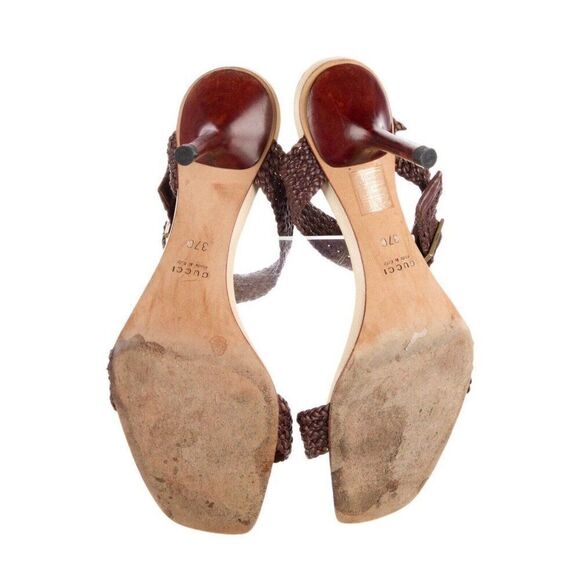 Gucci Authentic Brown Beige Leather Braided Medium Heel Sandals Slides 7 C - Picture 5 of 8